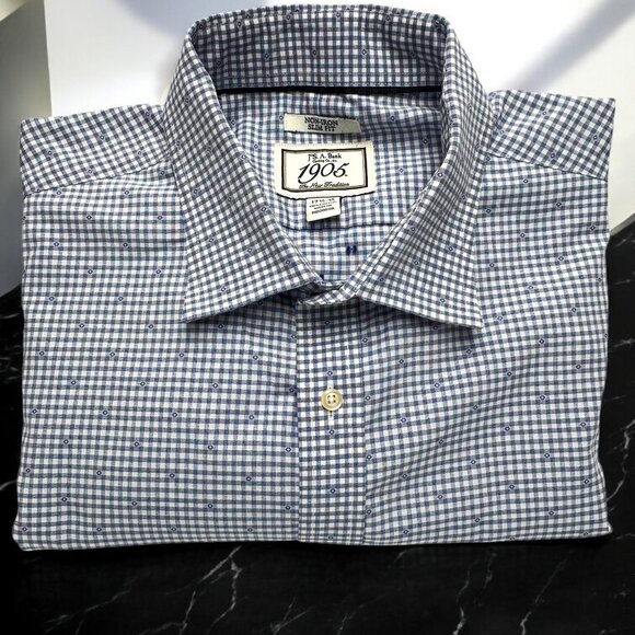 Jos A Bank Non Iron Manatee Gingham Dot Slim Fit Dress Shirt - Picture 1 of 6